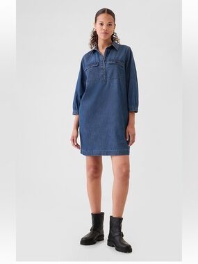GAP Denim Popover Dress Indigo Medium Cotton Lyocell Coastal Beach Minimal Mom